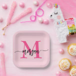 Hot Pink Modern Script Girly Monogram Name Paper Plate<br><div class="desc">Add a touch of chic to your celebrations with our Hot Pink Modern Script Girly Monogram Name Paper Plates! Featuring a vibrant hot pink design, these plates are personalized with your name in an elegant modern script for a custom, stylish touch. Perfect for birthdays, parties, or any special occasion, they...</div>