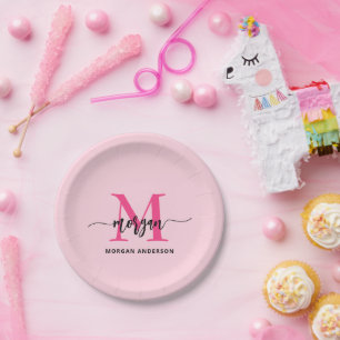 Hot Pink Modern Script Girly Monogram Name Paper Plate