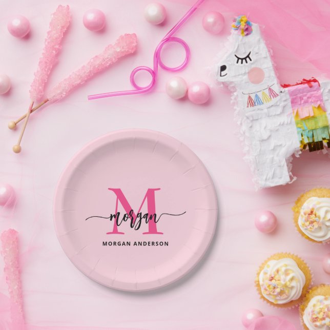 Hot Pink Modern Script Girly Monogram Name Paper Plate (Party)