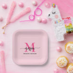 Hot Pink Modern Script Girly Monogram Name Paper Plate<br><div class="desc">Add a touch of chic to your celebrations with our Hot Pink Modern Script Girly Monogram Name Paper Plates! Featuring a vibrant hot pink design, these plates are personalized with your name in an elegant modern script for a custom, stylish touch. Perfect for birthdays, parties, or any special occasion, they...</div>