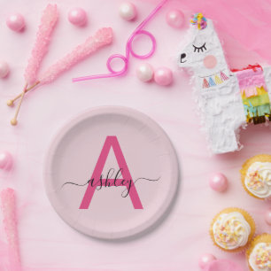 Hot Pink Modern Script Girly Monogram Name Paper Plate