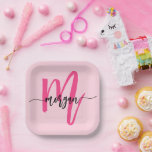 Hot Pink Modern Script Girly Monogram Name Paper Plate<br><div class="desc">Add a touch of chic to your celebrations with our Hot Pink Modern Script Girly Monogram Name Paper Plates! Featuring a vibrant hot pink design, these plates are personalized with your name in an elegant modern script for a custom, stylish touch. Perfect for birthdays, parties, or any special occasion, they...</div>