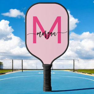 Hot Pink Modern Script Girly Monogram Name Pickleball Paddle