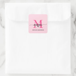 Hot Pink Modern Script Girly Monogram Name Square Sticker