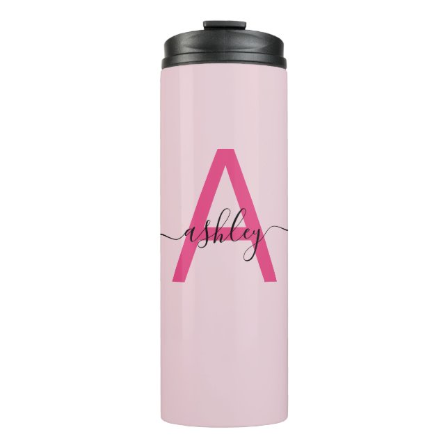Hot Pink Modern Script Girly Monogram Name Thermal Tumbler (Front)