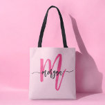 Hot Pink Modern Script Girly Monogram Name Tote Bag<br><div class="desc">Carry your essentials in style with our Hot Pink Modern Script Girly Monogram Name Tote Bag! Featuring a bold hot pink design, this tote is personalized with your name in a chic modern script for a trendy, custom look. Perfect for shopping, school, or everyday use, it offers ample space and...</div>