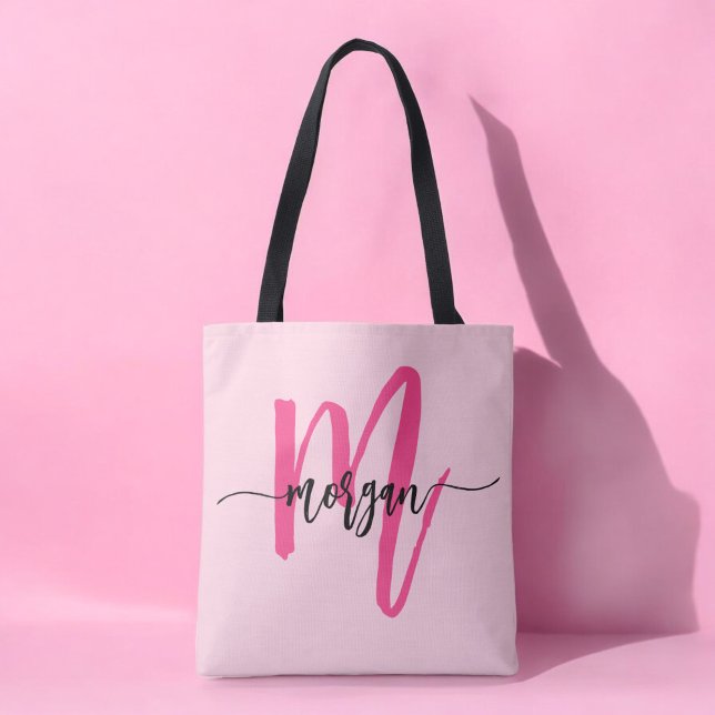 Hot Pink Modern Script Girly Monogram Name Tote Bag (Creator Uploaded)