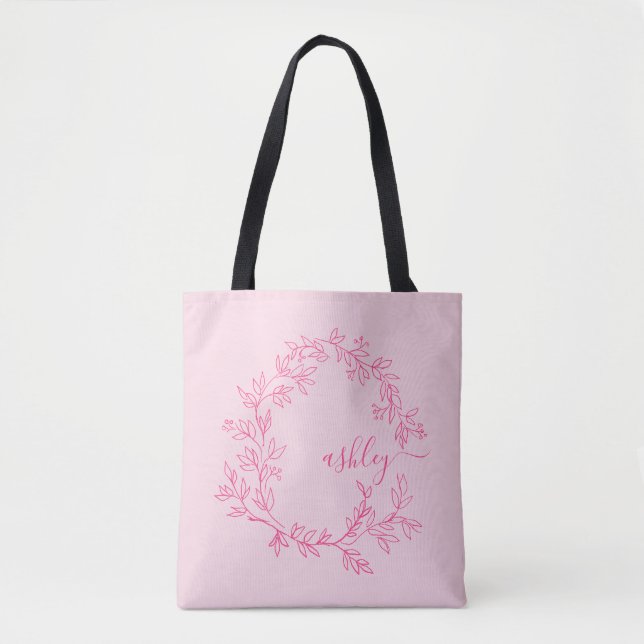 Hot Pink Modern Script Girly Monogram Name Tote Bag (Front)