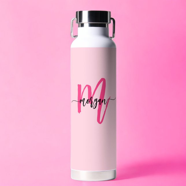 Hot Pink Modern Script Girly Monogram Name Water Bottle (Creator Uploaded)