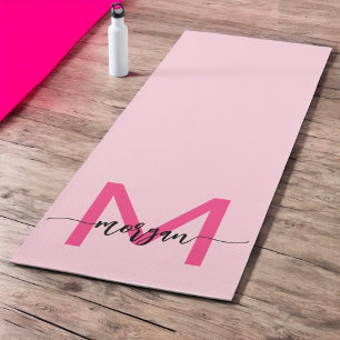 Hot Pink Modern Script Girly Monogram Name Yoga Mat