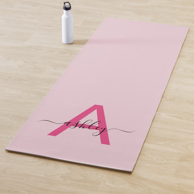 Hot Pink Modern Script Girly Monogram Name Yoga Mat (In Situ)