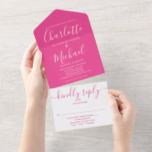 Hot Pink Modern Script Minimalist Wedding All In One Invitation