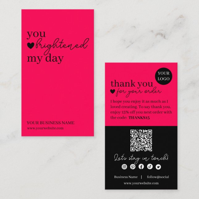 Hot Pink Modern Script QR Code, Thank You  Business Card (Front/Back)