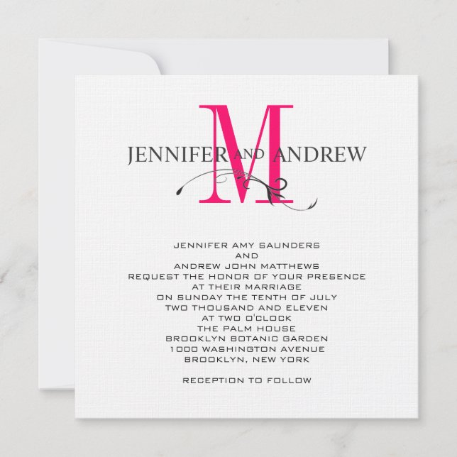 Hot Pink Monogram and Names Wedding Invitation (Front)