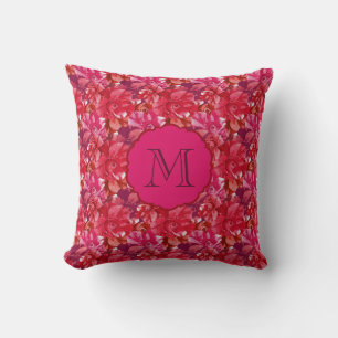 Hot Pink Monogram Bold Roses Floral Pattern Throw Pillow