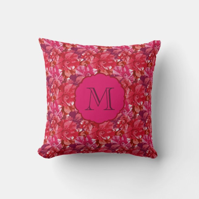 Hot Pink Monogram Bold Roses Floral Pattern Throw Pillow (Front)