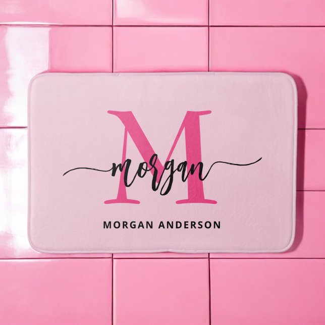 Hot Pink Monogram Girl's Dorm Room Bath Mat (Creator Uploaded)