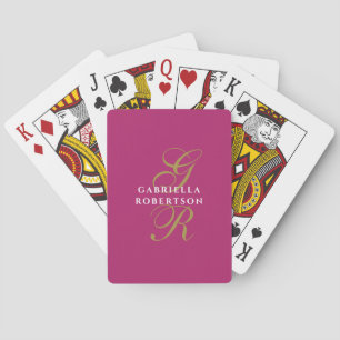 Hot Pink Monogram Gold script Initials White Name Playing Cards