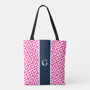 Hot Pink Monogram Greek Key  Tote Bag