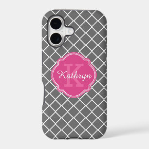 Hot Pink Monogram Grey Diamond Pattern