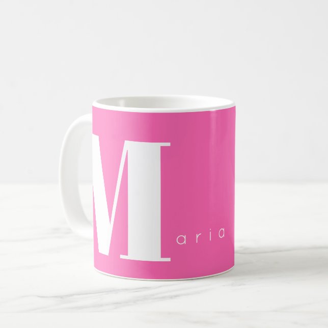 Hot pink monogram name custom typography modern coffee mug (Front Left)