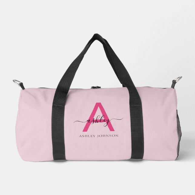 Hot Pink Monogram Name Girl's Script Sports Duffle Bag (Front)