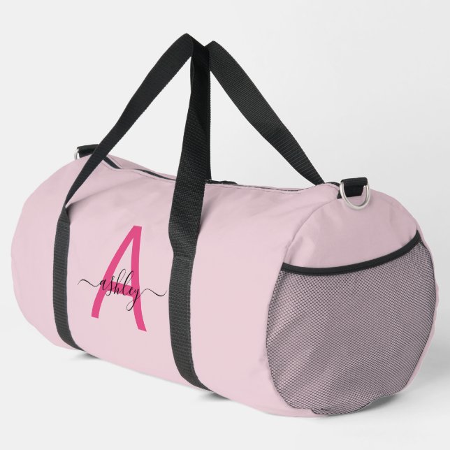 Hot Pink Monogram Name Girl's Script Sports Duffle Bag (Right Corner)