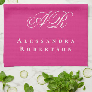 Hot Pink Monogram Name Minimalist Stylish Vibrant Kitchen Towel