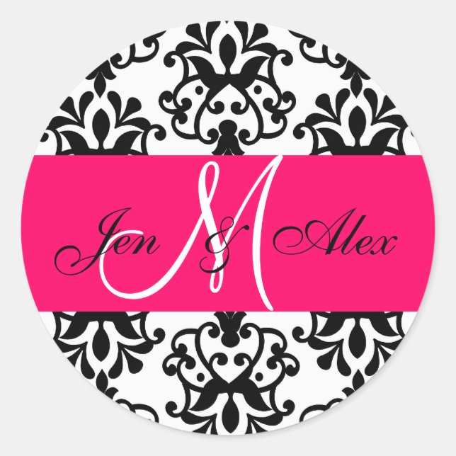 Hot Pink Monogram Names Damask Wedding Seal (Front)