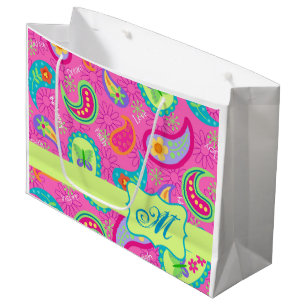 Hot Pink Monogram Personalized Modern Paisley Large Gift Bag
