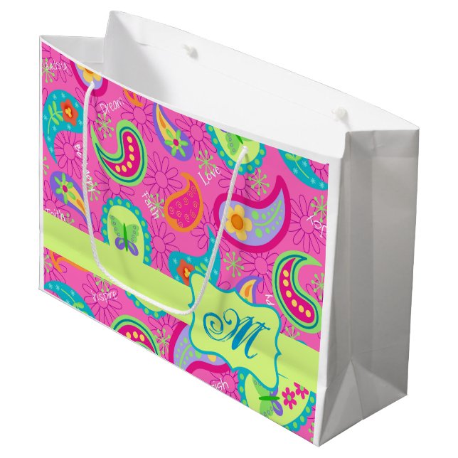Hot Pink Monogram Personalized Modern Paisley Large Gift Bag (Front Angled)