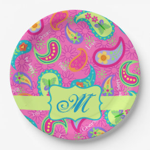 Hot Pink Monogram Personalized Modern Paisley Paper Plate