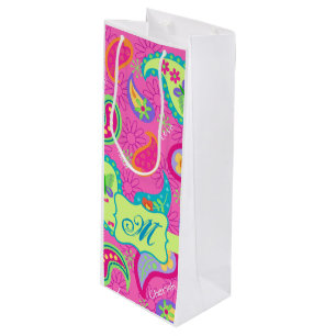 Hot Pink Monogram Personalized Modern Paisley Wine Gift Bag