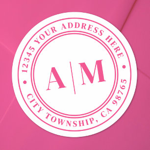 Hot Pink Monogram Return Address Classic Round Sticker