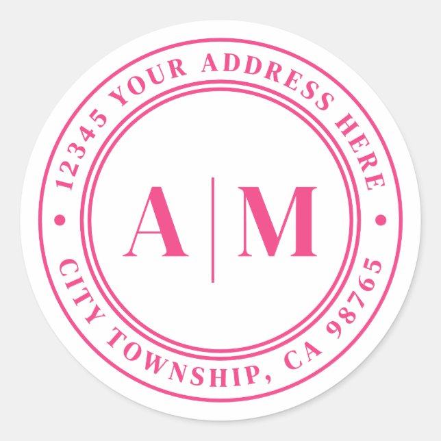 Hot Pink Monogram Return Address Classic Round Sticker (Front)