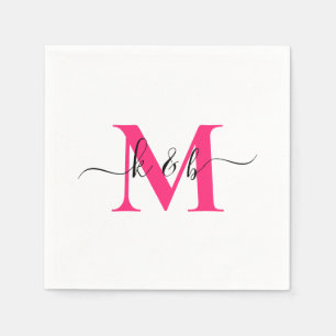 Hot Pink Monogram Swash Script White Cocktail  Napkin