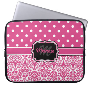 Hot Pink Monogrammed Damask Polka Dot Laptop Sleeve