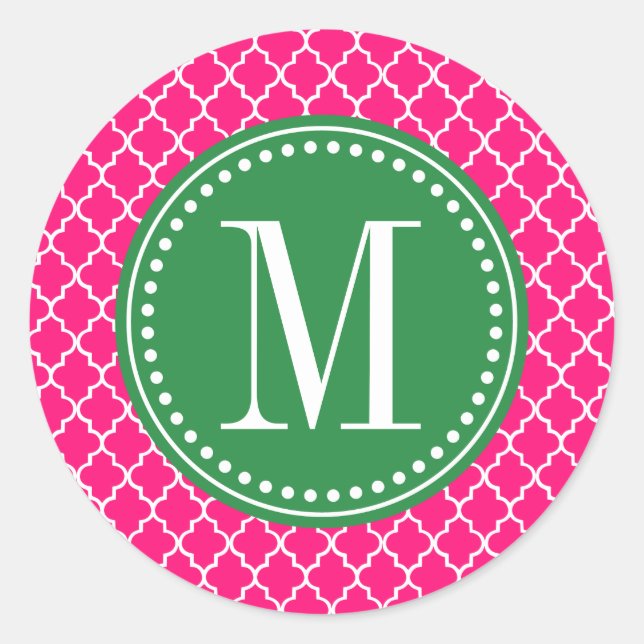 Hot Pink Moroccan Tiles Lattice Personalized Classic Round Sticker (Front)