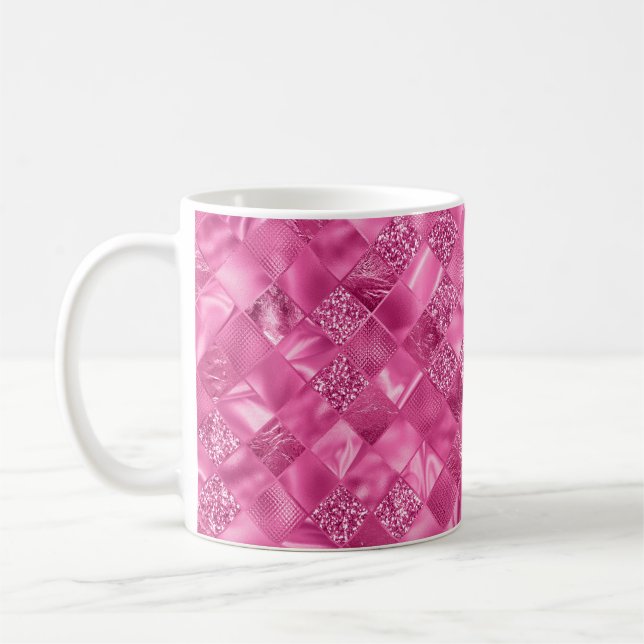 Hot Pink Multi-Texture Square Weave Pattern Coffee Mug (Left)