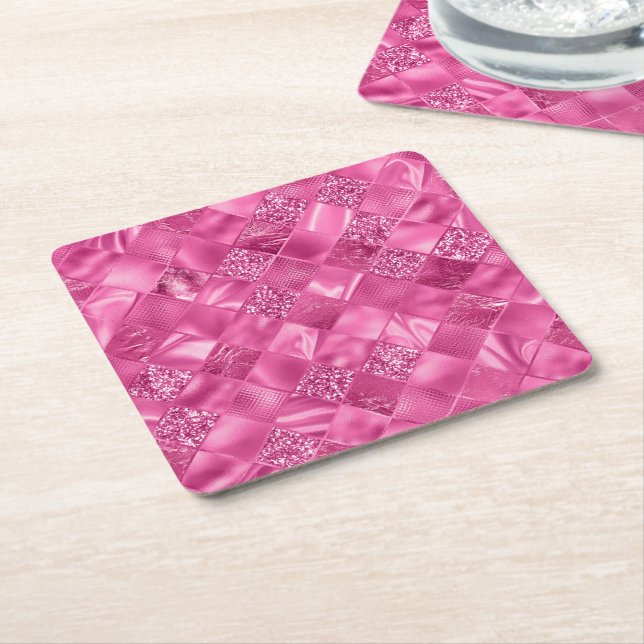 Hot Pink Multi-Texture Square Weave Pattern Paper Coaster (Angled)