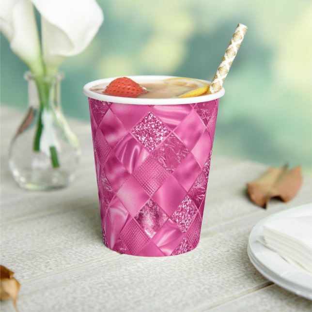 Hot Pink Multi-Texture Square Weave Pattern Paper Cups (Insitu)