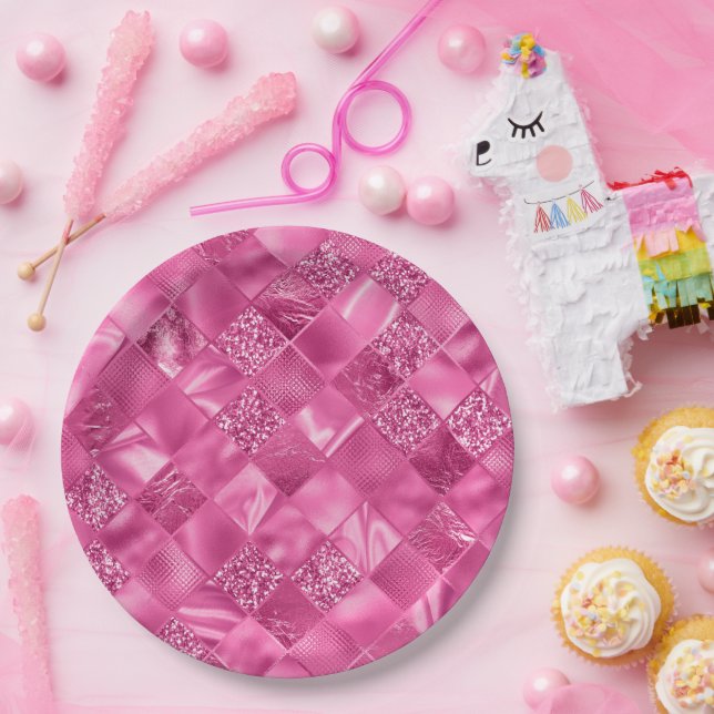 Hot Pink Multi-Texture Square Weave Pattern Paper Plate (Party)
