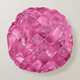 Hot Pink Multi-Texture Square Weave Pattern Round Pillow