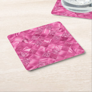 Hot Pink Multi-Texture Square Weave Pattern Square Paper Coaster