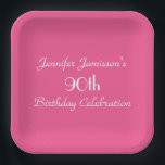 Hot Pink, Name, 90th Birthday Party Simple Square Paper Plate<br><div class="desc">A solid hot pink background decorates this unique, simple, minimalist 90th birthday party paper plate. Although default says "90th Birthday", you can easily change the text for name, # of years, and event. Very feminine and girly! Choose round or square. Matching paper napkins available on zazzle at SocolikCardShop. All Rights...</div>