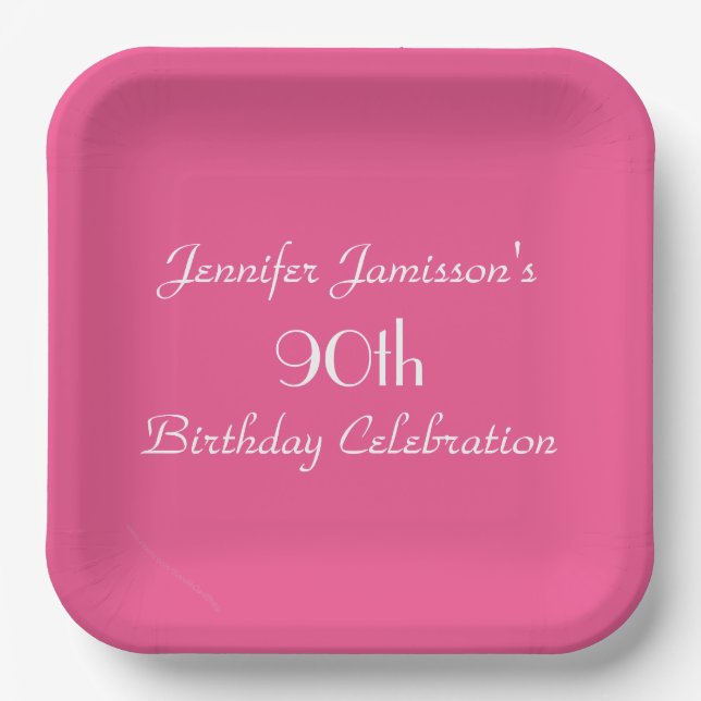 Hot Pink, Name, 90th Birthday Party Simple Square Paper Plate (Front)