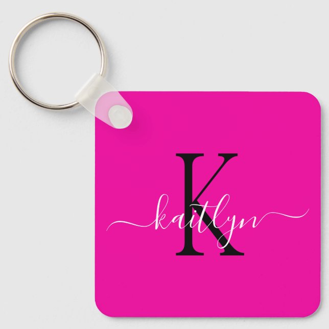 Hot Pink Name Initial Monogram Keychain (Front)