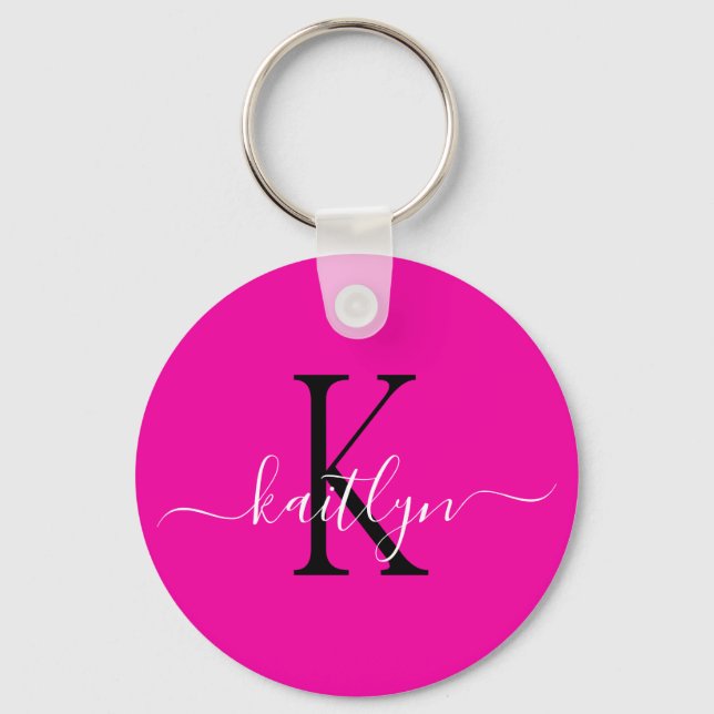 Hot Pink Name Initial Monogram Keychain (Front)