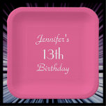 Hot Pink, Name Square round 13th Birthday Party Paper Plate<br><div class="desc">A solid hot pink background decorates this unique and fun party paper plate for teenager. Although default says "13th Birthday", you can easily change the text for name, # of years, and event. Very feminine and girly! Square or round. Matching paper napkins available on zazzle at SocolikCardShop. All Rights Reserved...</div>