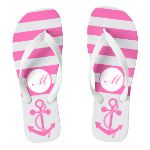 Hot Pink Nautical Anchor with Stripes and Monogram Flip Flops